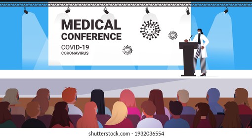 african american female doctor giving speech at tribune with microphone medical conference covid-19 pandemic medicine healthcare concept lecture hall interior horizontal vector illustration