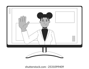 African american female employee computer monitor black and white 2D line object. Waving black woman videoconference pc screen isolated clip art vector outline item. Monochromatic spot illustration