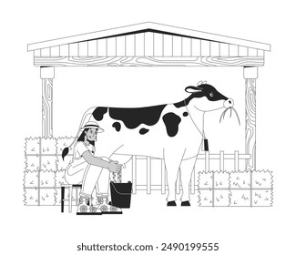 Granjera afroamericana que ordeña la vaca ilustración de línea plana en blanco y negro. Hembra negra que trabaja con el Grande carácter 2D lineart del ganado aislado. Imagen monocromática de contorno de Vector de granja ganadera