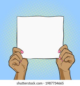 African american female hands holding a white square paper vector illustration in pop art retro style