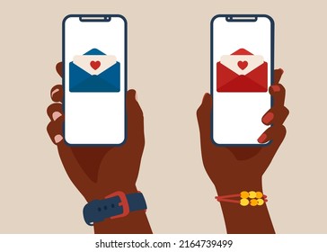 African American female and male hands holding smartphone with love message on screen. Social mobile application for dating, searching for romantic partner. Vector illustration.