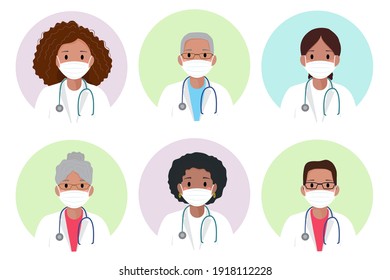 Médico afroamericano de sexo masculino y femenino con avatar de máscara médica. Personal sanitario. Terapista. Enfermera de hospital. Vector de estilo plano. Médico negro con mascarilla médica, abrigo blanco y estetoscopio.