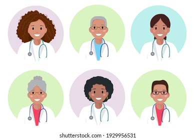 African American female and male physician, doctor or nurse avatar set. Healthcare personal. Therapist. Hospital nurse. Flat style vector. Black doctor in white coat and a stethoscope. Medical icon.