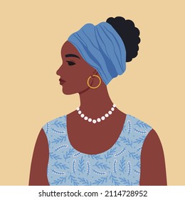 African American female portrait. Beautiful young black woman.  Female beautiful profile. Side view. Isolated vector illustration.