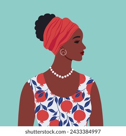 African American female portrait. Beautiful young black woman.  Female beautiful profile. Side view. Banner template. Isolated vector illustration.