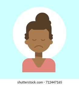 African American Female Sad Emotion Profile Icon, Woman Cartoon Portrait Face Vector Illustration