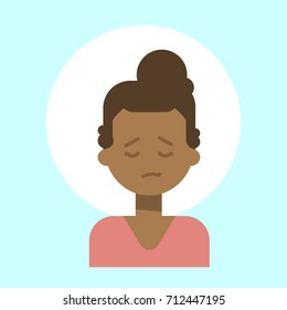 African American Female Sad Emotion Profile Icon, Woman Cartoon Portrait Face Vector Illustration