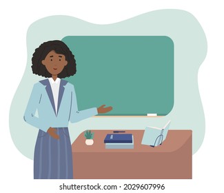 African american female school or university teacher or professor standing next to classroom chalkboard at blackboard in classroom. Teacher teacher showing on board. Vector illustration, flat