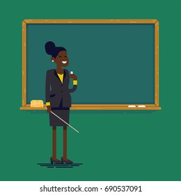 African american female school or university teacher or professor standing next to classroom chalkboard holding chalk and pointer. Flat vector character design on teacher woman