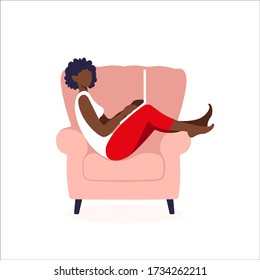 African american female sitting on chair with laptop. Concept of online shopping or surfing the internet. Vector illustration in flat style.