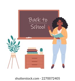 African american female teacher at classroom near blackboard. Education, lecture and lesson at school. Vector illustration in flat style