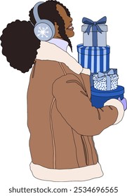 African american female in winter coat, earmuffs carrying a stack of blue gift boxes wrapped with bows and patterns, including stripes and polka dots vector illustration. Design for winter or holidays