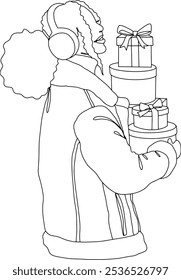 African american Female in winter coat, earmuffs carrying a stack of red gift boxes wrapped with bows continuous line vector illustrion. Design for winter holidays