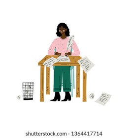 African American Female Writer or Poetess Character Sitting at Desk and Writing with Feather Pen Vector Illustration