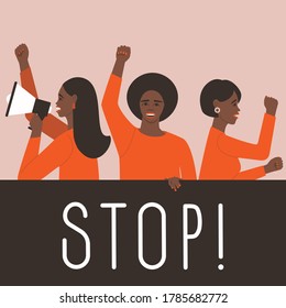 African American Females take part in the strike. Protest fist. Announcement in a megaphone. Banner with place for text. Student protest. Vector illustration flat.