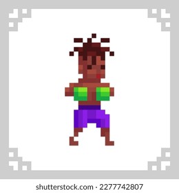 African American fighter. Black boxer sportsman in green boxing gloves in pixel art, 8 bit retro style vector illustration