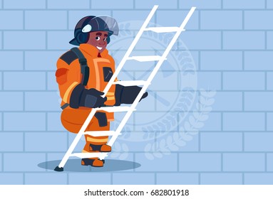 African American Fireman Climb Ladder Up In Uniform And Helmet Adult Fire Fighter Over Brick Background Flat Vector Illustration