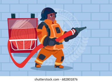 African American Fireman Hear Alarm Wearing Uniform Hold Helmet Ready Fire Fighter Stand Over Brick Background Flat Vector Illustration