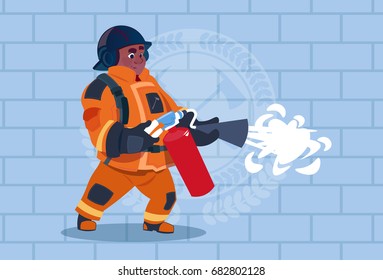African American Fireman Hold Extinguisher Wearing Uniform And Helmet Adult Fire Fighter Stand Over Brick Background Flat Vector Illustration