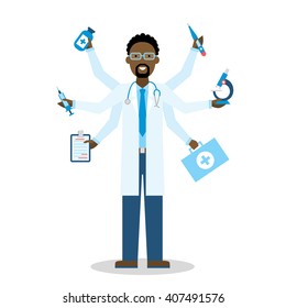 African american flat design doctor. multitasking medical Doctor isolated on white. Doctor shiva Character vector concept.