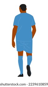 african american football athlete walking. back view. blue jersey, no back number. isolated white background. vector flat illustration