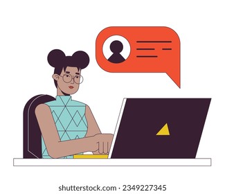 African american freelance girl flat line concept vector spot illustration. Online communication on laptop 2D cartoon outline character on white for web UI design. Editable isolated color hero image