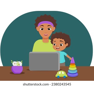 La madre afroamericana independiente se sienta con su hijo y trabaja en casa con una laptop. paternidad y carrera. vector.