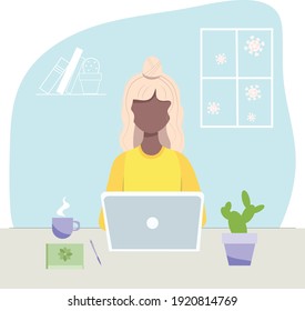 African american freelancer woman work from home vector flat illustration. Woman with laptop, education or working concept. Home office during coronavirus outbreak concept, woman working from home. 