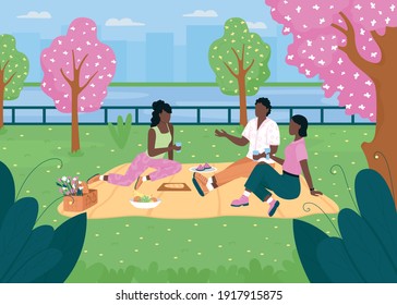 African american friend group on picnic flat color vector illustration. People chat while sitting on blanket. Spring outdoor recreation. Women and man 2D cartoon characters with skyline on background