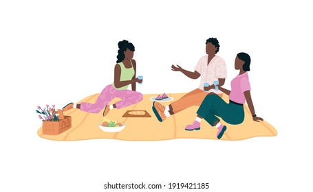 African american friend group on picnic flat color vector faceless characters. Outdoor spring recreational activity isolated cartoon illustration for web graphic design and animation