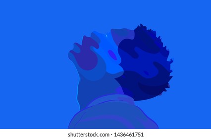 African american gay concept.Wavy portrait in blue profile.Vector double exposure illustration.