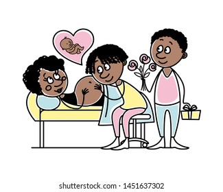 African American Gay Couple Preparing To Become Parents Through Surrogacy. Two Guys Taking Care Of A Surrogate. One Future Father Stroking Her Stomach, The Second Holding A Bouquet And A Gift