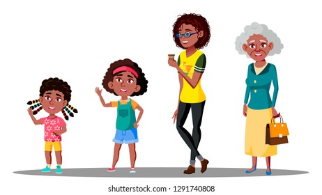 African American Generation Female Set Vector. Grandmother, Mother, Daughter, Granddaughter, Baby. Vector. Isolated Illustration