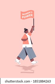 african american girl activist holding flag female empowerment movement women's power concept vertical full length vector illustration