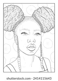 African American girl with afro puff space buns. Vector line drawing isolated on white background. A beautiful portrait in fashion style. Coloring page for adults and teenagers. Book anti-stress.