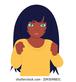 The African American girl is angry. Hands, fists, aggression. Bad mood. Vector, flat, white background.