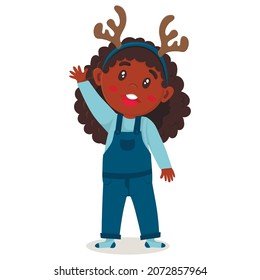 African American girl with antlers waving her hand. christmas character isolated on white background