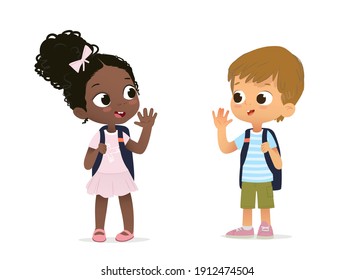 African American Girl with the backpack saying goodbye to Caucasian Boy. Happy schoolmates greeting. Cartoon characters isolated on white. Boy and Girl school children going to school.