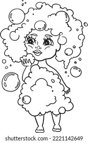 African american Girl in a bath foam blowing soap bubbles from a hand. Cartoon black vector outline illustration. Design for children products, books, coloring pages.