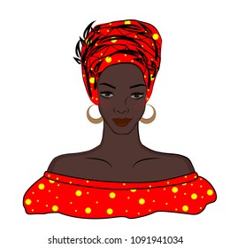 African American Girl. Black Woman with Afro Dress and Turban Isolated on White Background. Vector Illustration 