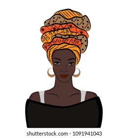 African American Girl. Black Woman with Turban Isolated on White Background. Vector Illustration 