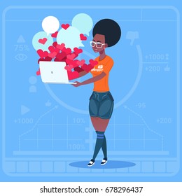 African American Girl Blogger Hold Computer With Many Likes Modern Video Blogs Creator Popular Vlog Channel Flat Vector Illustration