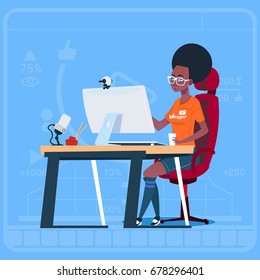 African American Girl Blogger Sit At Computer Streaming Video Blogs Creator Popular Vlog Channel Flat Vector Illustration