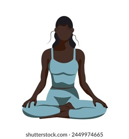 
African American Girl in blue sits in lotus position and does yoga. Flat vector design on white background Concept of healthy lifestyle, mental health, meditation, relaxation, yoga, faceless