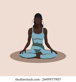 African American Girl in blue sits in lotus position and does yoga on the mat. Flat vector design Concept of healthy lifestyle, mental health, meditation, relaxation, yoga, faceless illustration EPS10