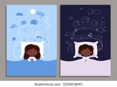 African American girl and boy sleep at different times of the day, dream, listen to music and count sheep. Children's song for a child. Girl and boy lie on bed, notes, stars, clouds, morning and night