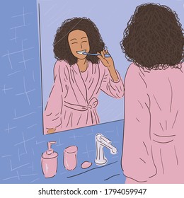 African American girl brushing her teeth in the bathroom, in a pink robe against the mirror. Dental care, personal hygiene. Stock illustration.