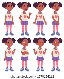 African American girl  Cartoon character design  Set different standing poses  gestures   facial expressions  Vector illustration isolated white background 