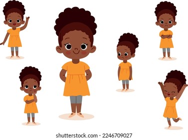 African American girl. Cartoon character design. Set of different standing poses, gestures and facial expressions. Vector illustration isolated on white background