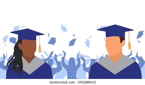 African American girl and Caucasian boy  graduates in mantle and academic square cap on background of cheerful crowd of graduates throwing academic square caps.Graduation ceremony. Vector illustration